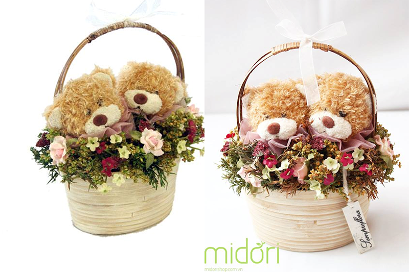 (HCM) Ý nghĩa với Giỏ hoa gấu bông tại Midori Shop
