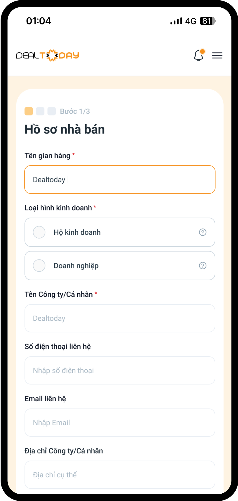 Nhập thông tin Cá nhân Doanh nghiệp