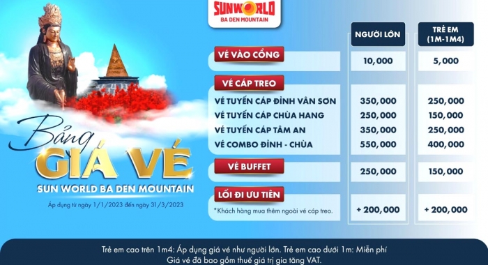 Cập nhật mức giá vé Sunworld Bà Đen - Đặt vé online nhanh chóng