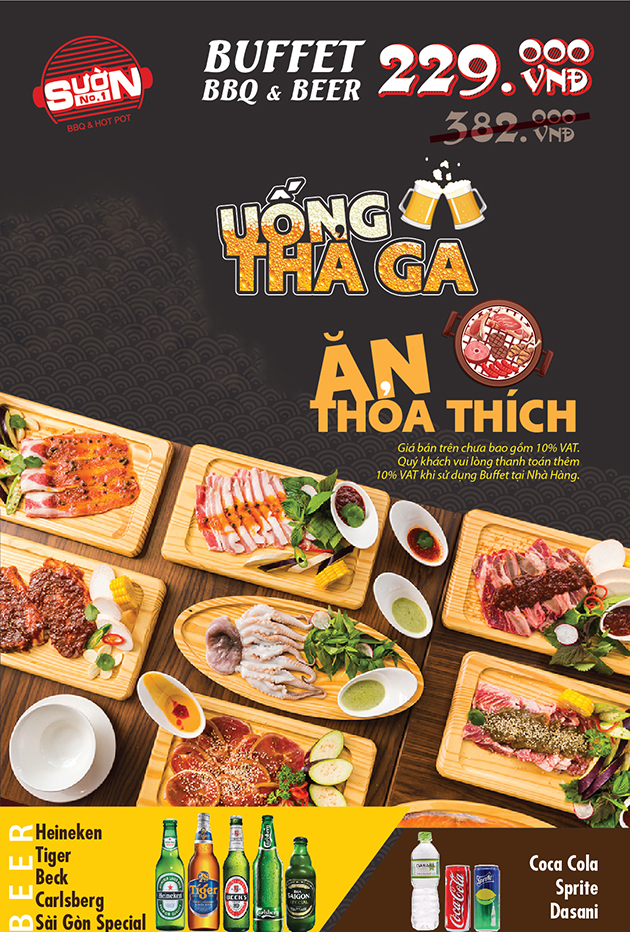 Buffet BBQ tối & Uống Beer/ Nước ngọt thả ga tại NH Sườn No.1