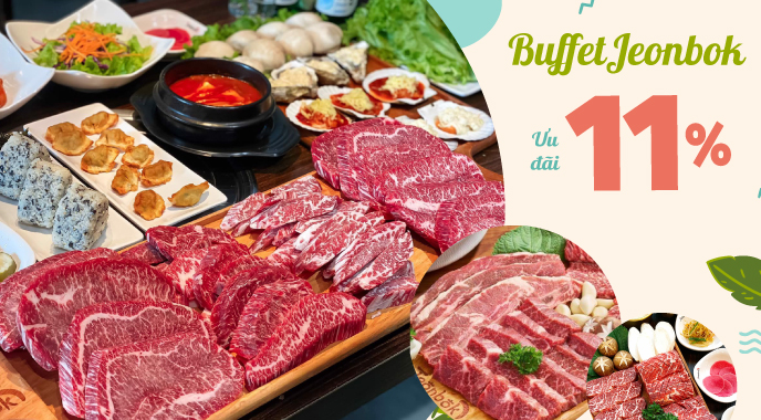 Buffet Premium nướng thượng hạng tại nhà hàng Jeonbok ẩm thực Hàn Quốc số 1 tại Hà Nội - Áp dụng buổi trưa